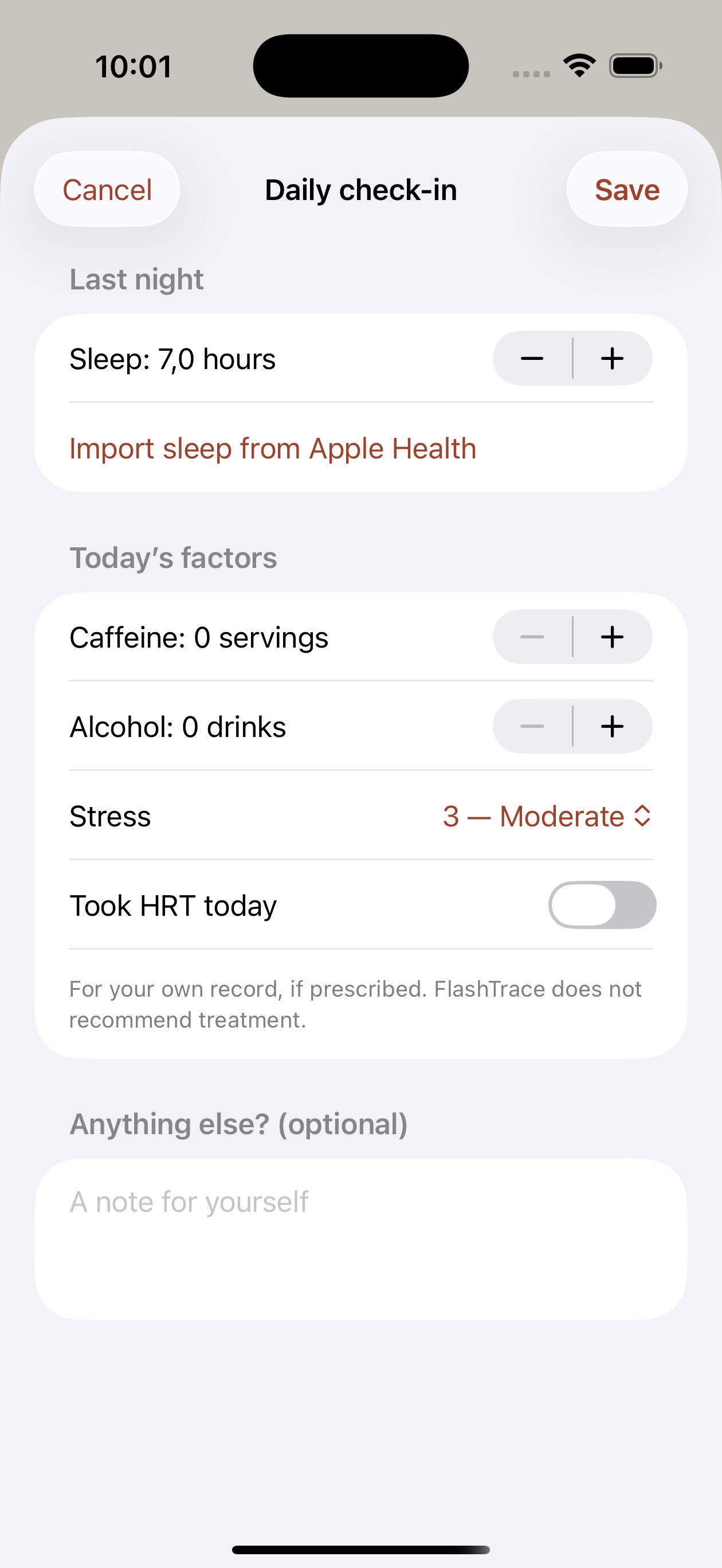 Daily check-in screen for sleep, coffee, alcohol, stress and prescribed HRT use