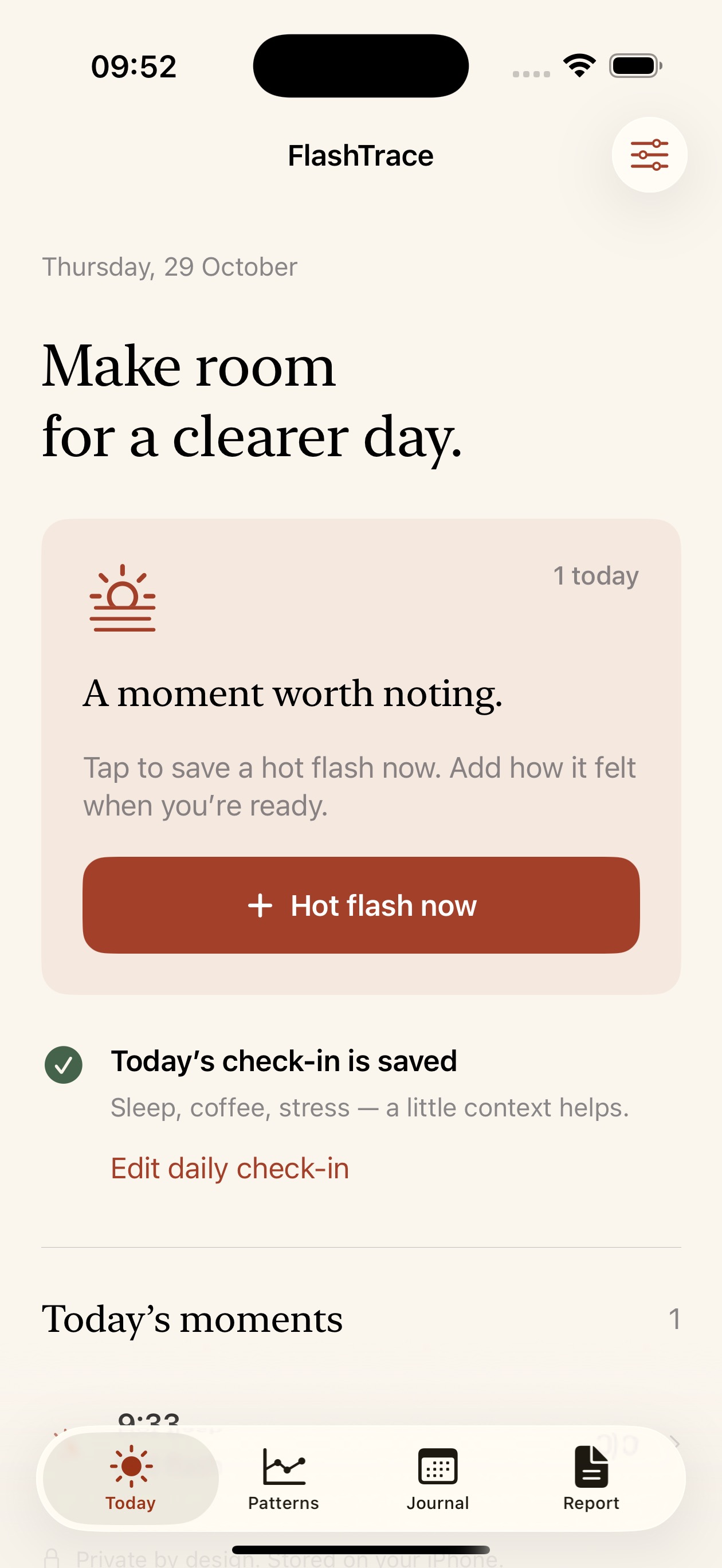 FlashTrace Today screen with one-tap hot flash logging and a daily check-in